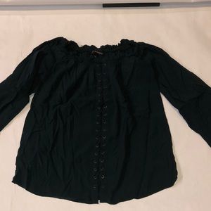 Dark Green/Blue off shoulder peasant renaissance style tie-up long sleeve shirt